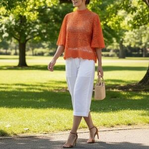 #A109   N by Nancy  Modern Glam  Orange Sheer  Embroidered Blouse  NWT S